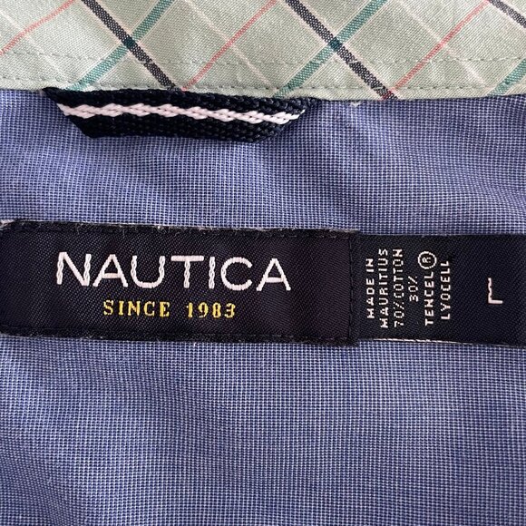 Nautica LS Button Down Cotton Tencel Blend Check Shirt Soft Green Blue Sz L - Picture 10 of 13